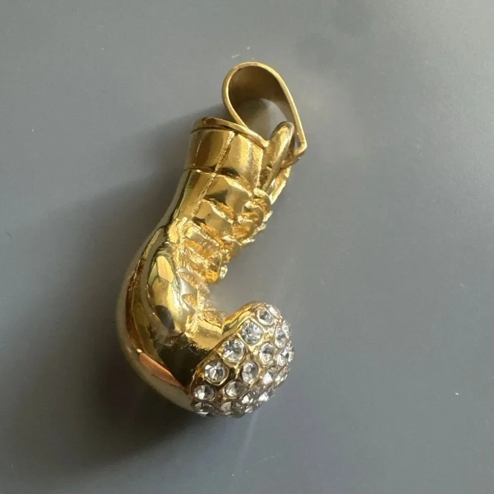 Boxing Glovee Pendant Gold Plated Stainless Steel 24 Inch Chain Zirconia Boxer